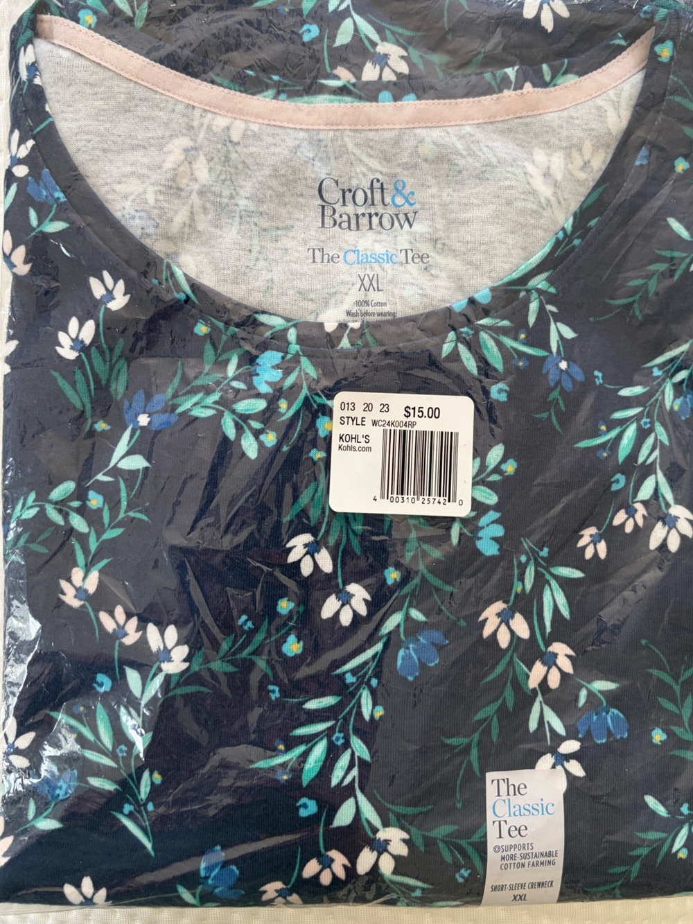 NWT Croft Barrow Classic Tee Cotton Knit Shirt Blue Floral Crew Cottagecore XXL